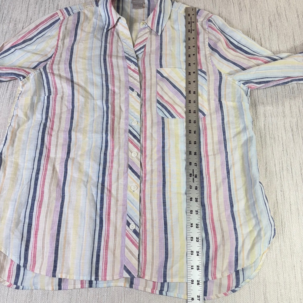 Chicos No Iron Linen Striped Button Down Shirt Womens 2 L 12/14 Mul 3/4 Sleeve - Picture 7 of 9